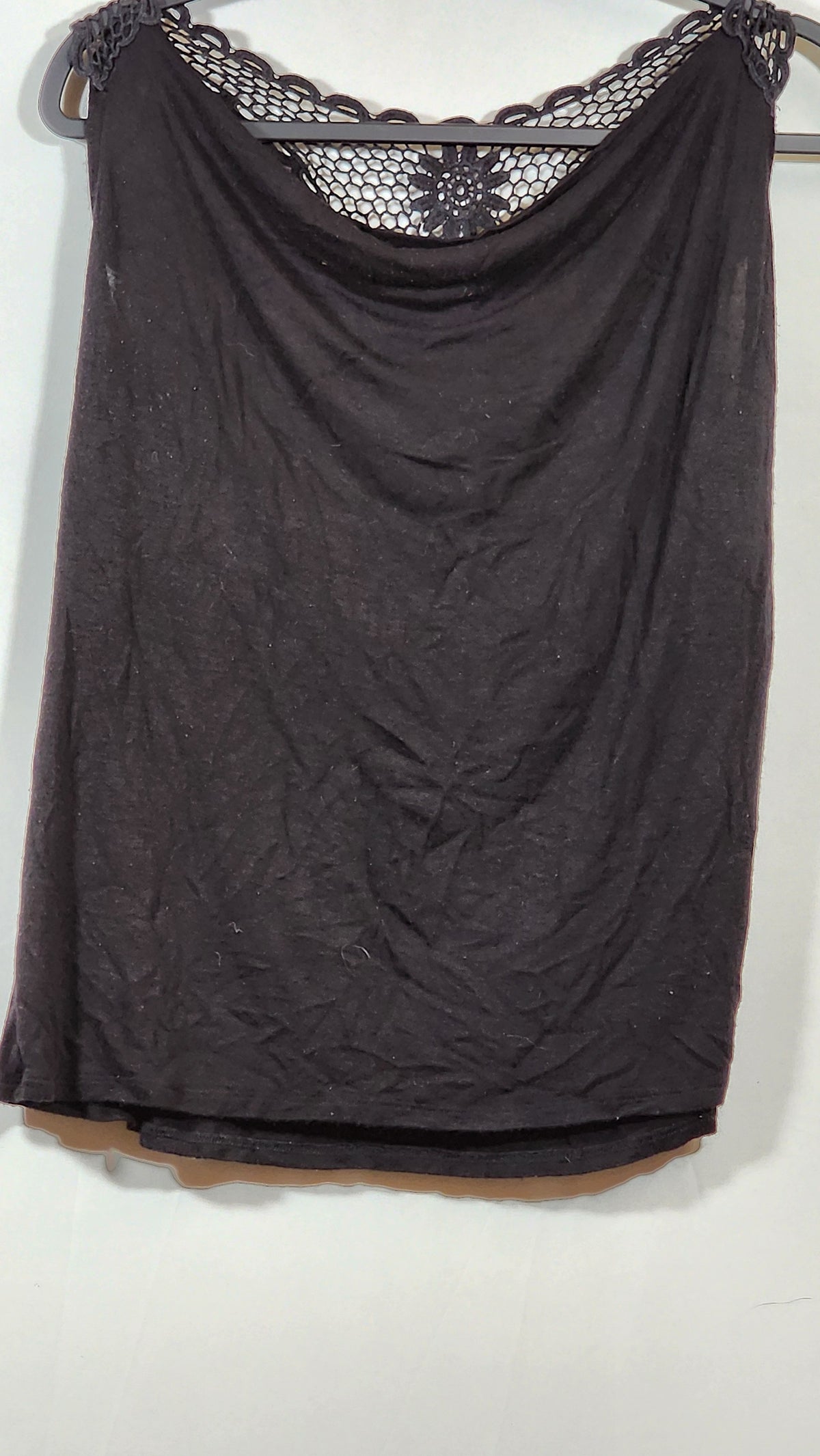 Women's One Size Draped-Neck Sleeveless Top with Crochet Floral Accent 014