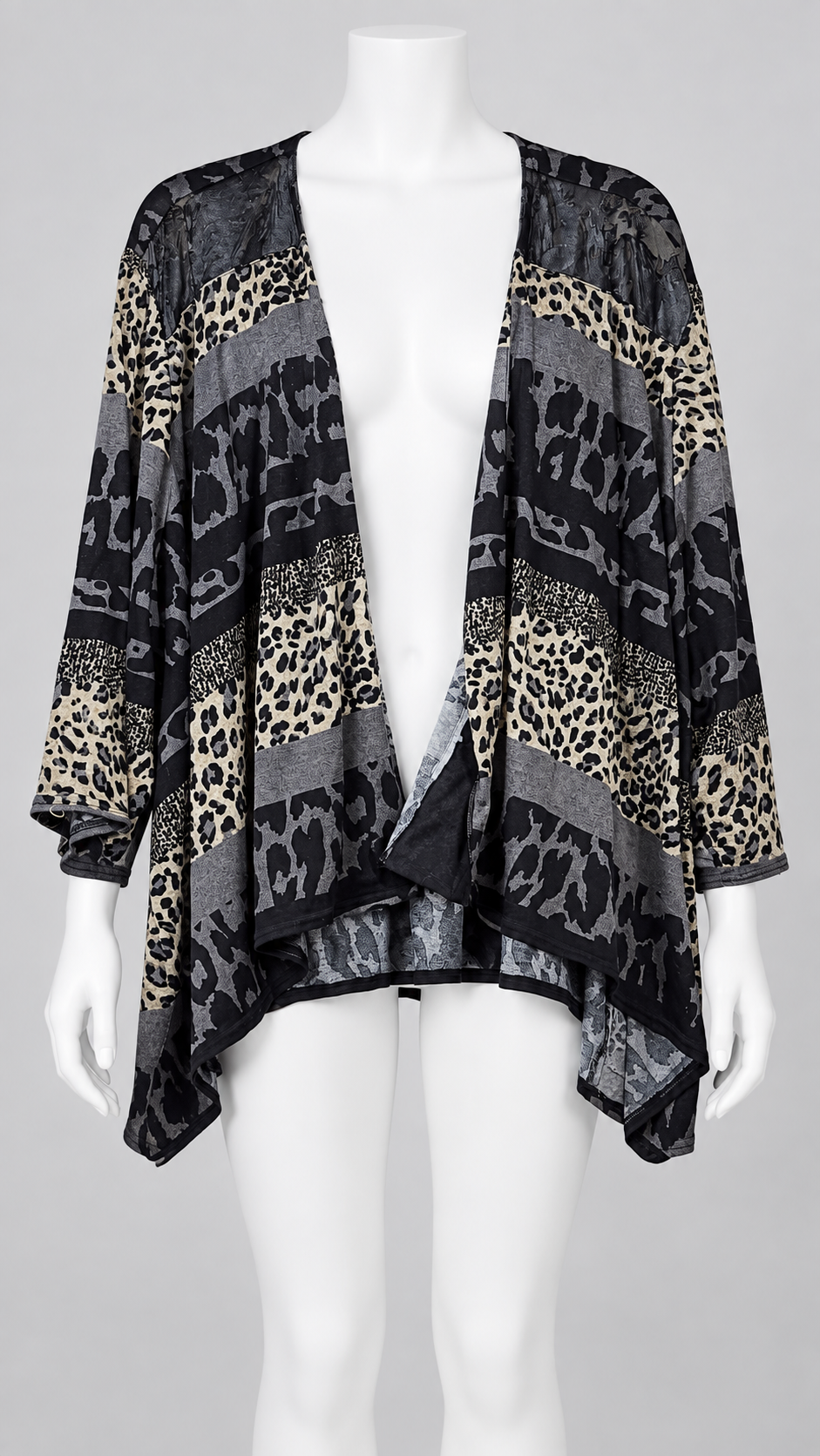 Women's 4X Leopard-Print 3/4-Sleeve Open-Front Kimono