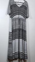 Women's 2X Striped V-Neck Short Sleeve Drawstring-Waist Midi Dress