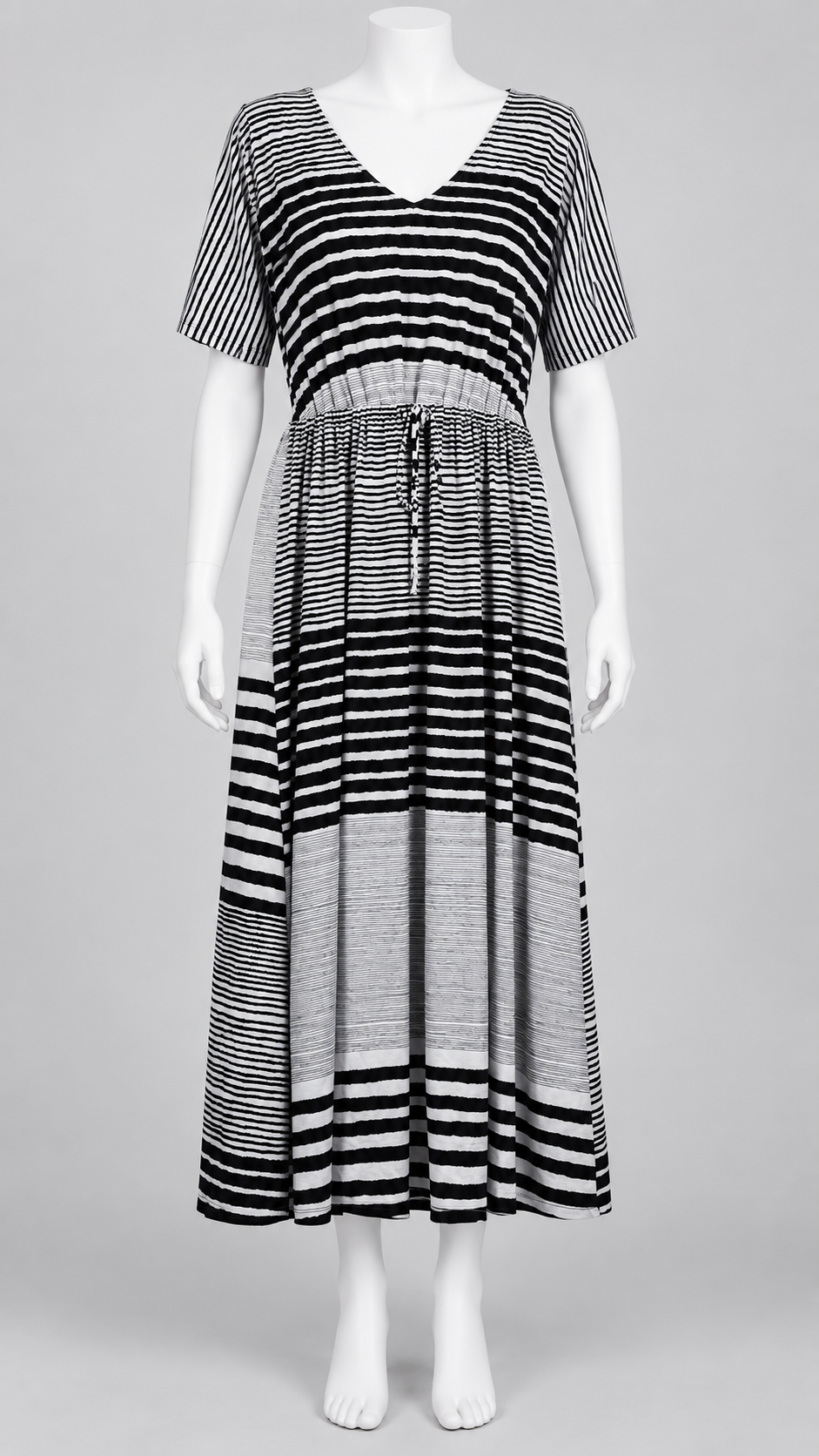 Women's 2X Striped V-Neck Short Sleeve Drawstring-Waist Midi Dress