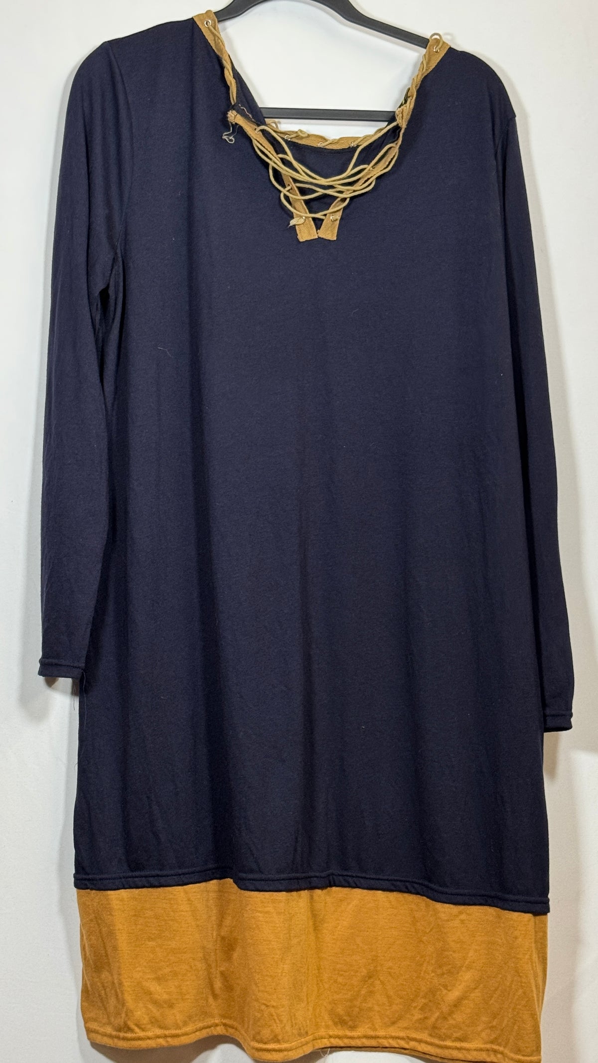 Long Sleeve Shirt Black & Mustard Yellow Lace-Up Neckline Casual Top