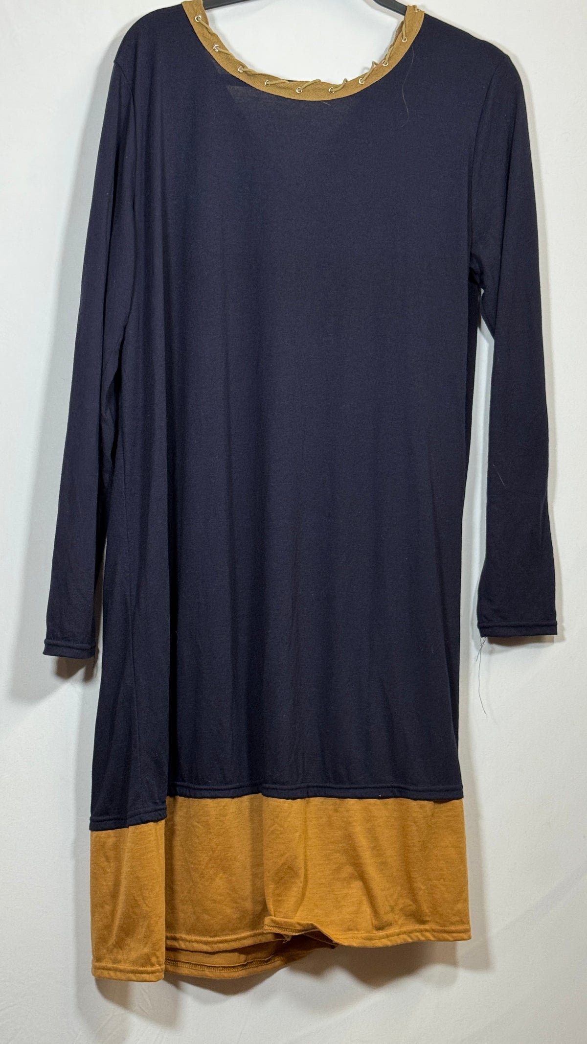 Long Sleeve Shirt Black & Mustard Yellow Lace-Up Neckline Casual Top