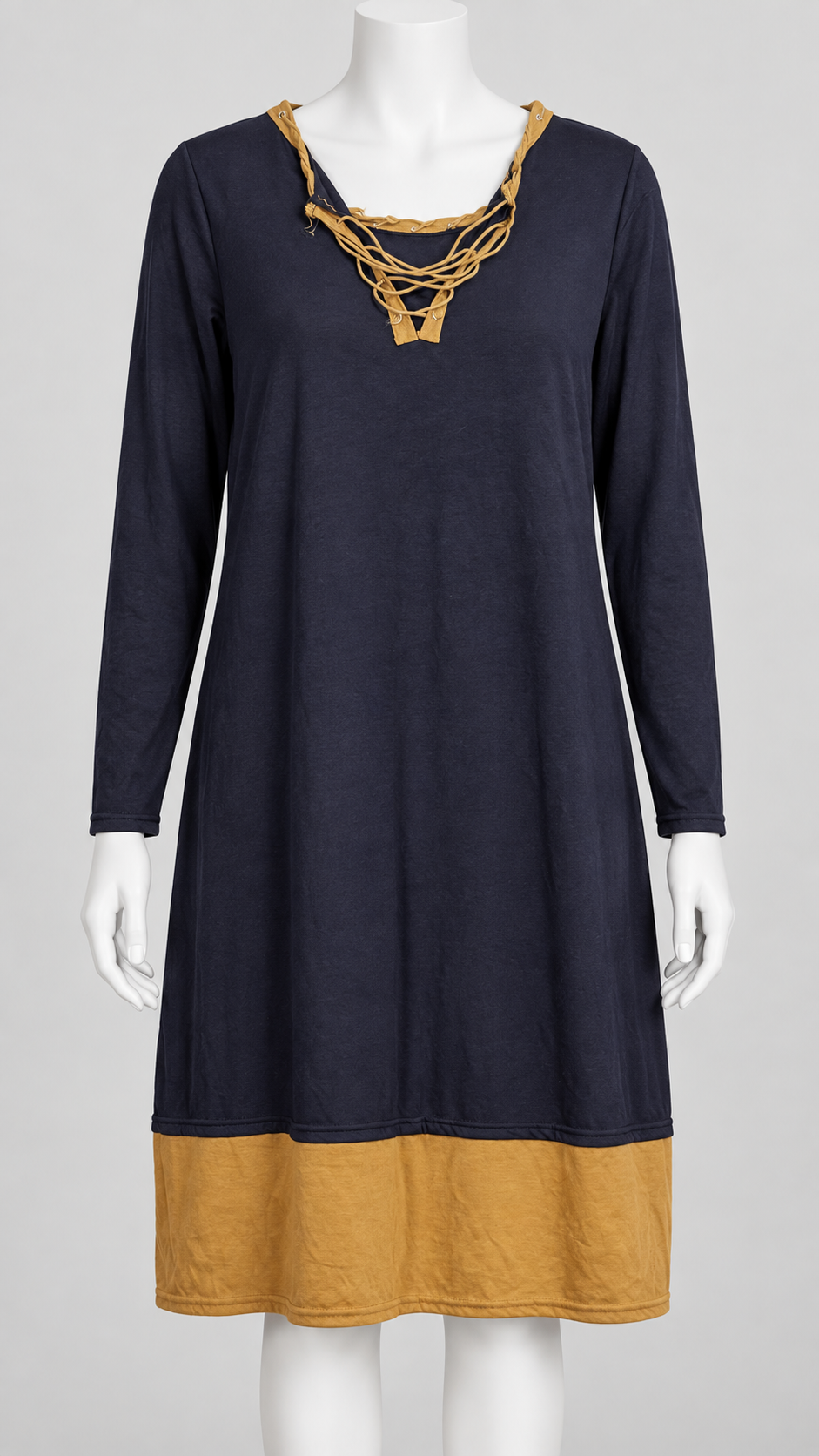 Long Sleeve Shirt Black & Mustard Yellow Lace-Up Neckline Casual Top