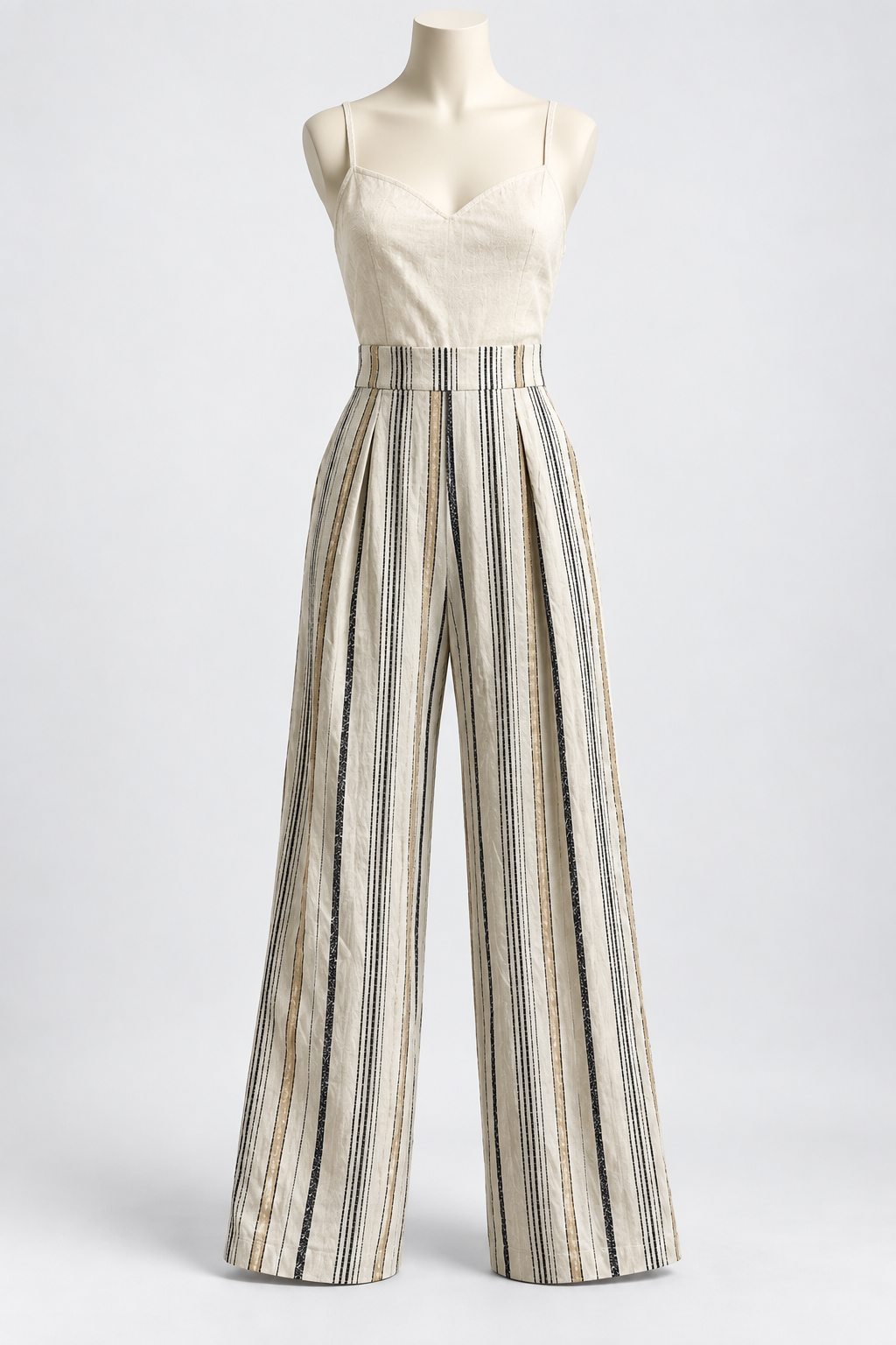 Women's Medium Striped Linen-Cotton Sleeveless Wide-Leg Jumpsuit - Image 1
