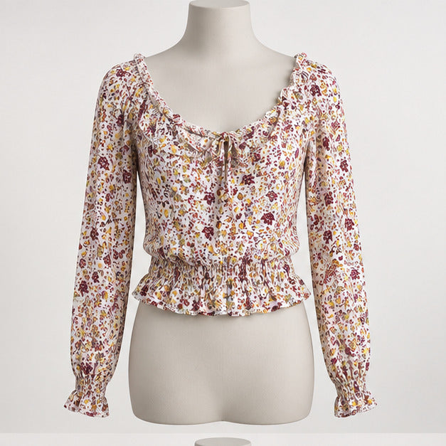 Ardene Women's Small Floral Long Sleeve Ruffle-Trim Blouse - Image 1