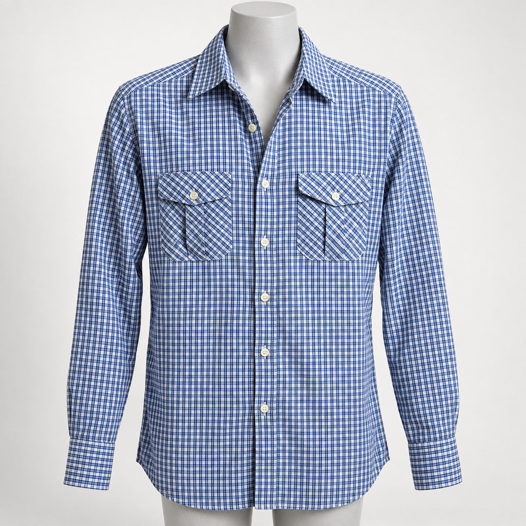 Mens Med Blue Checkered Long Sleeve Button Down Shirt Cotton - Image 1
