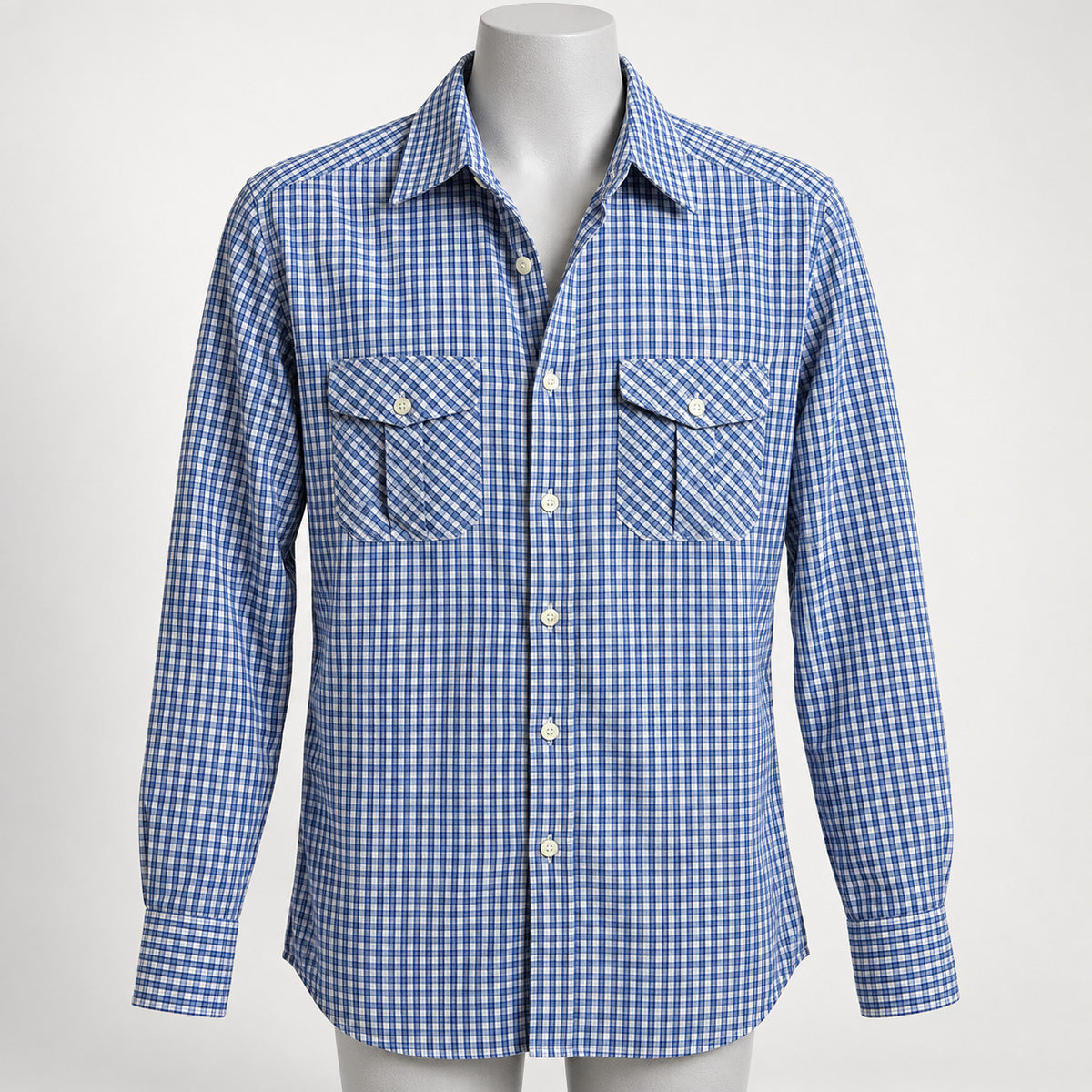 Mens Med Blue Checkered Long Sleeve Button Down Shirt Cotton - Image 1