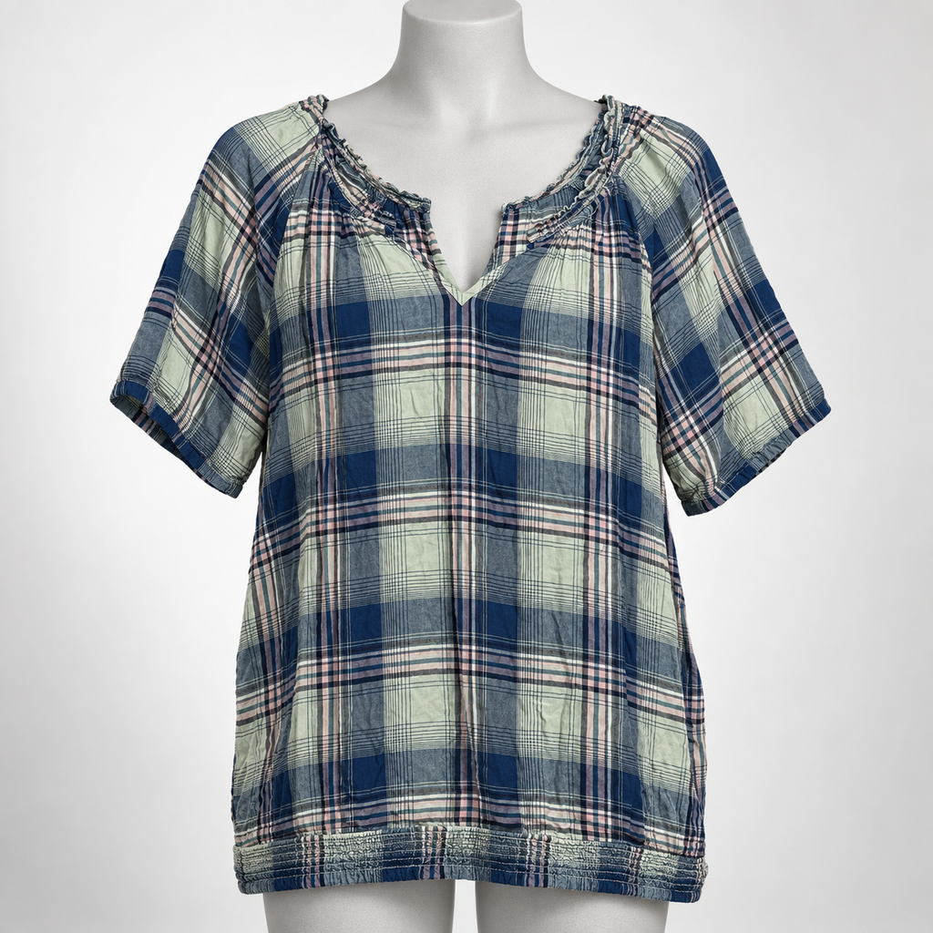 Women's One Size Plaid Puff-Sleeve Elastic-Neckline Blouse - Image 1