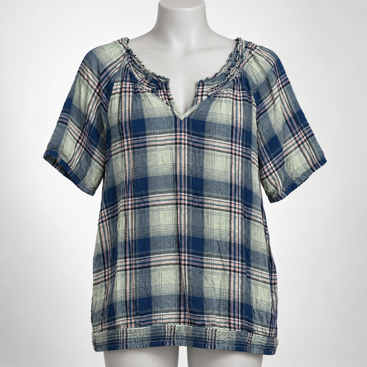 Women's One Size Plaid Puff-Sleeve Elastic-Neckline Blouse - Image 1