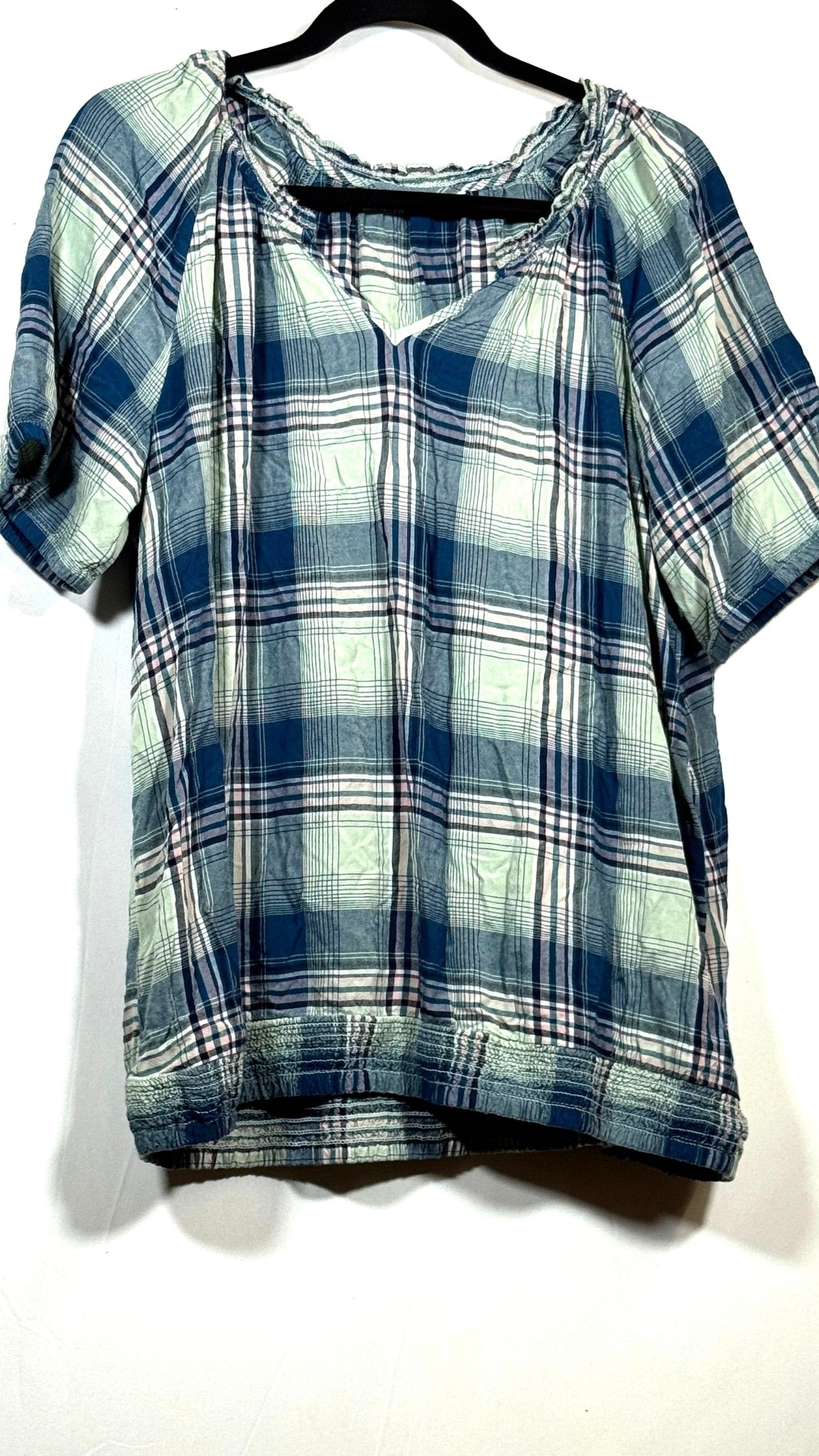 Women's One Size Plaid Puff-Sleeve Elastic-Neckline Blouse - Image 2