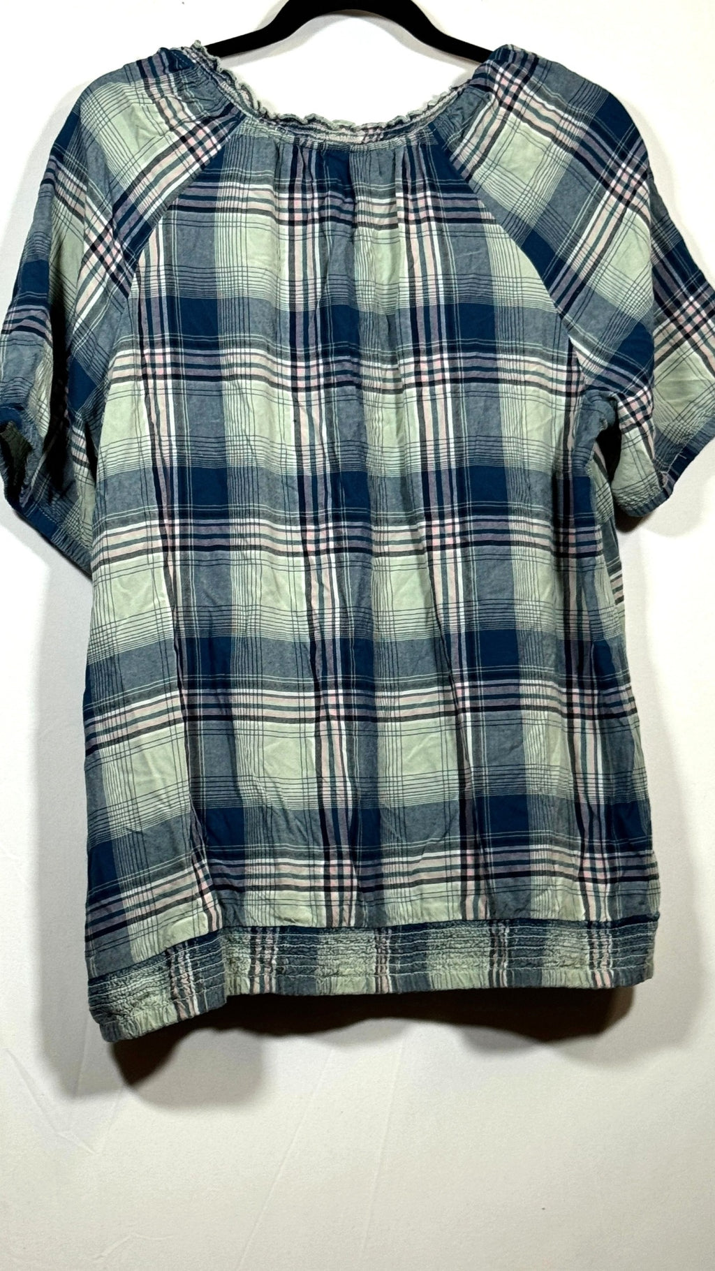 Women's One Size Plaid Puff-Sleeve Elastic-Neckline Blouse - Image 3