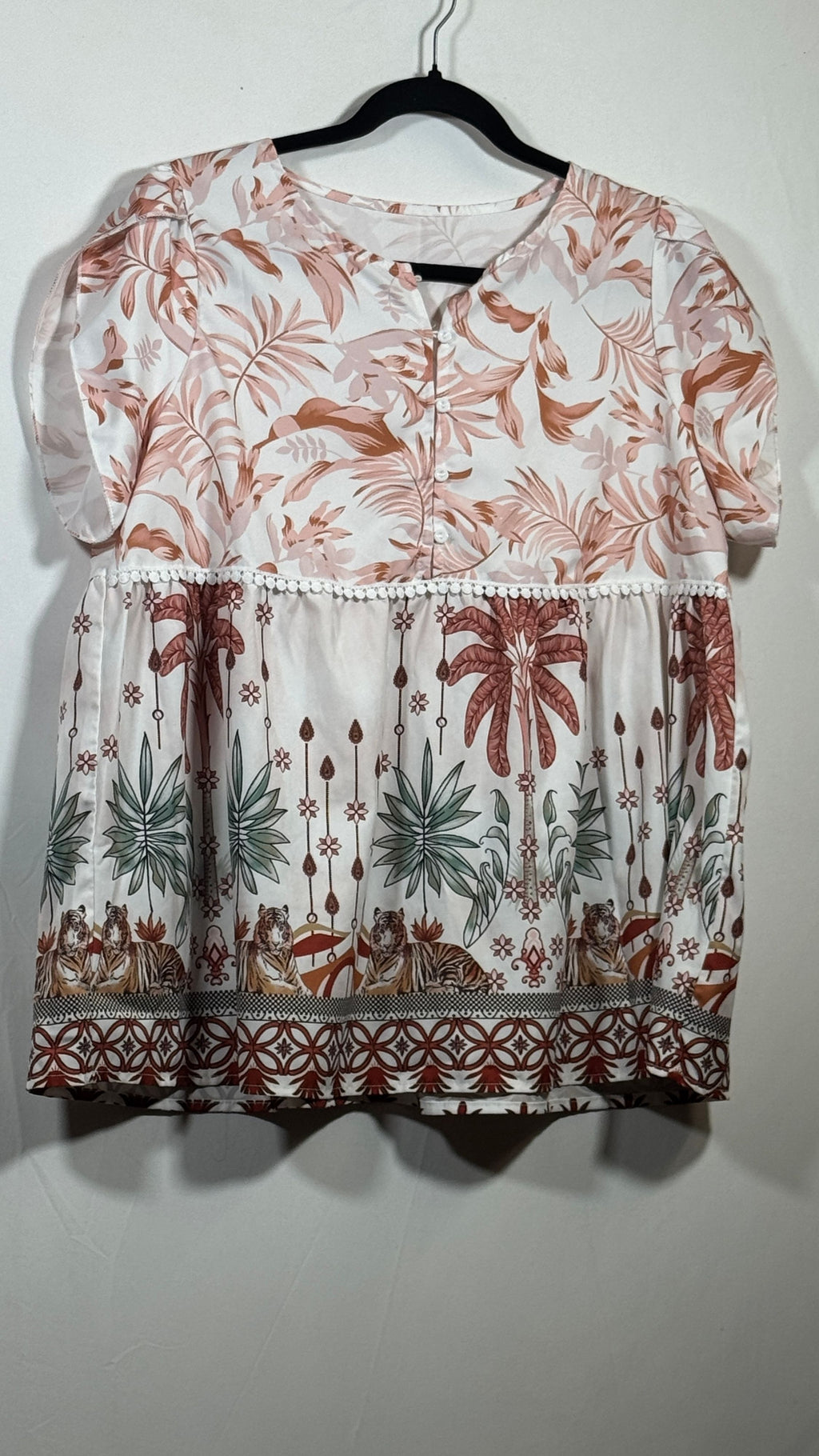 XL Polyester Tropical Leaf Print Button Front Short Sleeve Blouse 528 - Image 1