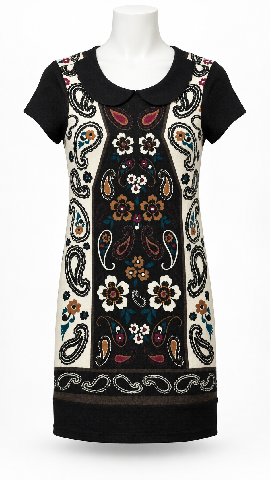 Yumi Women's Dress Paisley Pattern Large Knit Black Floral Peter Pan Collar 526 - Image 1