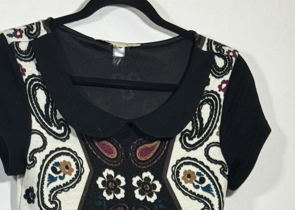 Yumi Women's Dress Paisley Pattern Large Knit Black Floral Peter Pan Collar 526 - Image 5