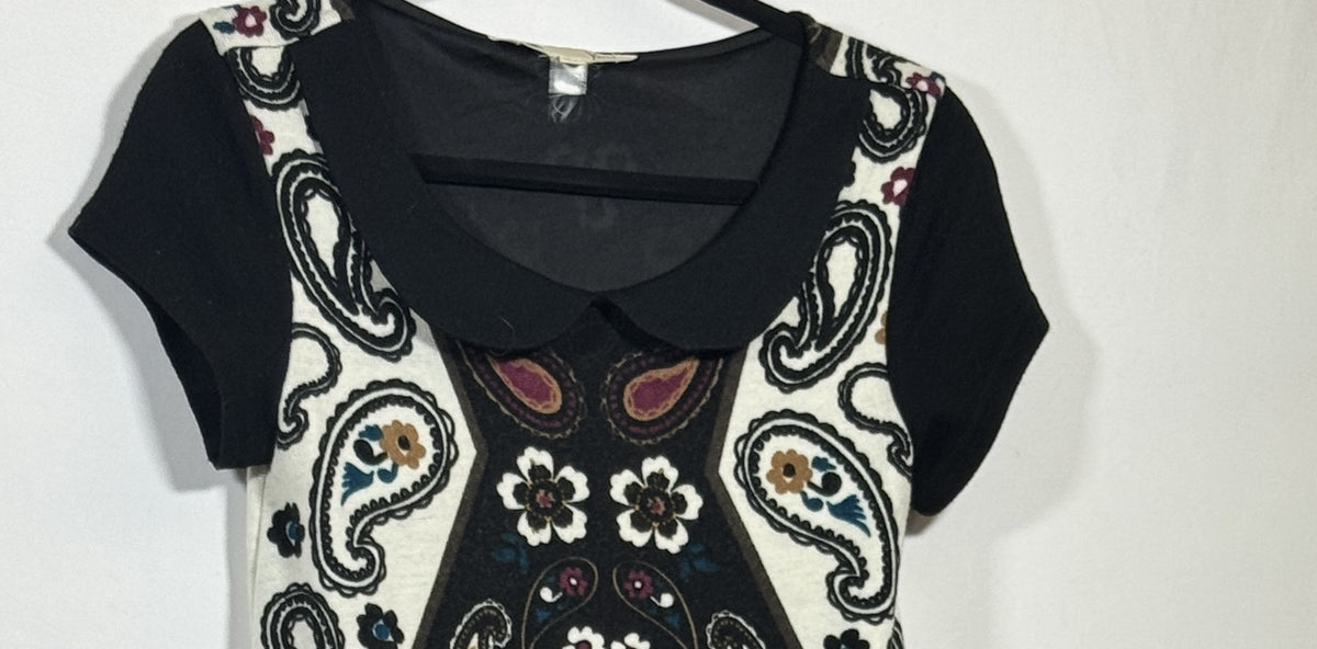 Yumi Women's Dress Paisley Pattern Large Knit Black Floral Peter Pan Collar 526 - Image 6