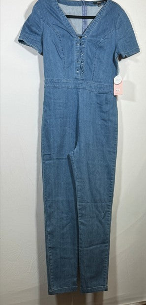 Blashe Denim Jumpsuit Large Blue Short Sleeve Lace-Up Front 525 - Image 2