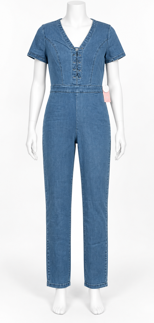 Blashe Denim Jumpsuit Large Blue Short Sleeve Lace-Up Front 525 - Image 1