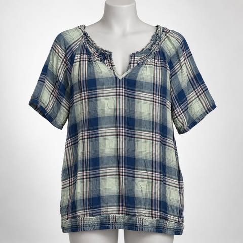Women's One Size Plaid Puff-Sleeve Elastic-Neckline Blouse - Image 4