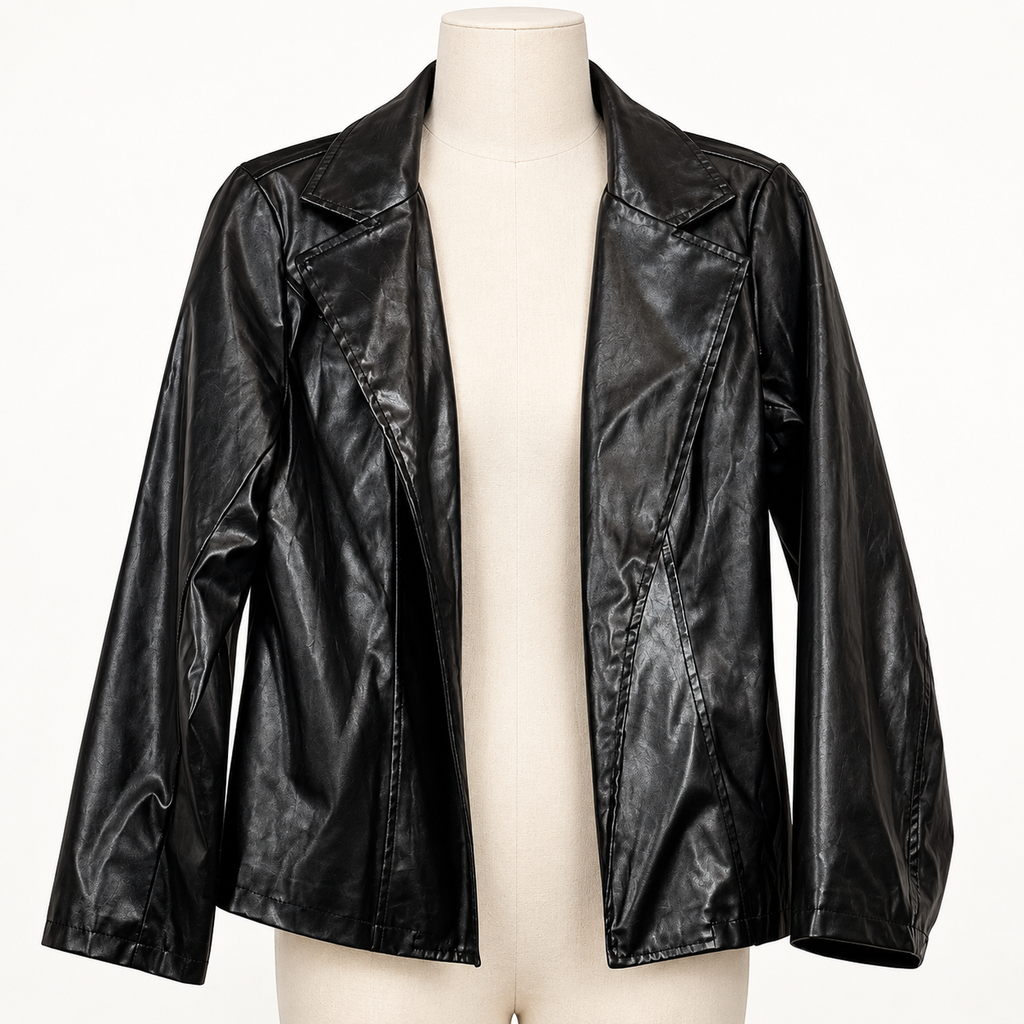 SHEIN Black Faux Leather Jacket Size M Open Front Lapel Collar - Image 1