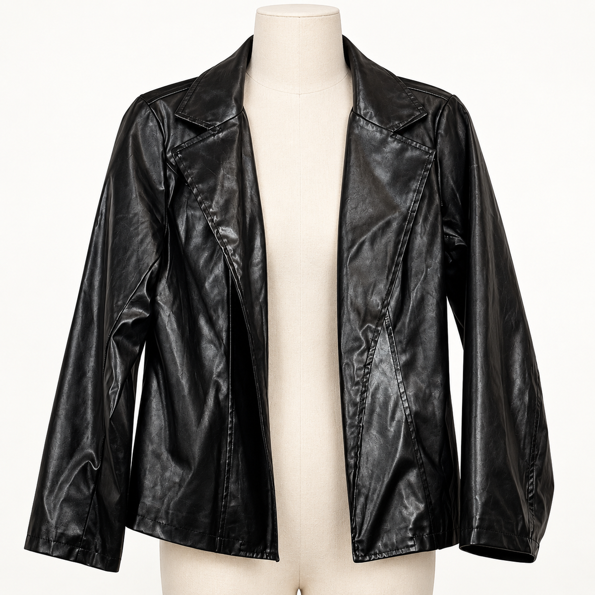 SHEIN Black Faux Leather Jacket Size M Open Front Lapel Collar - Image 1