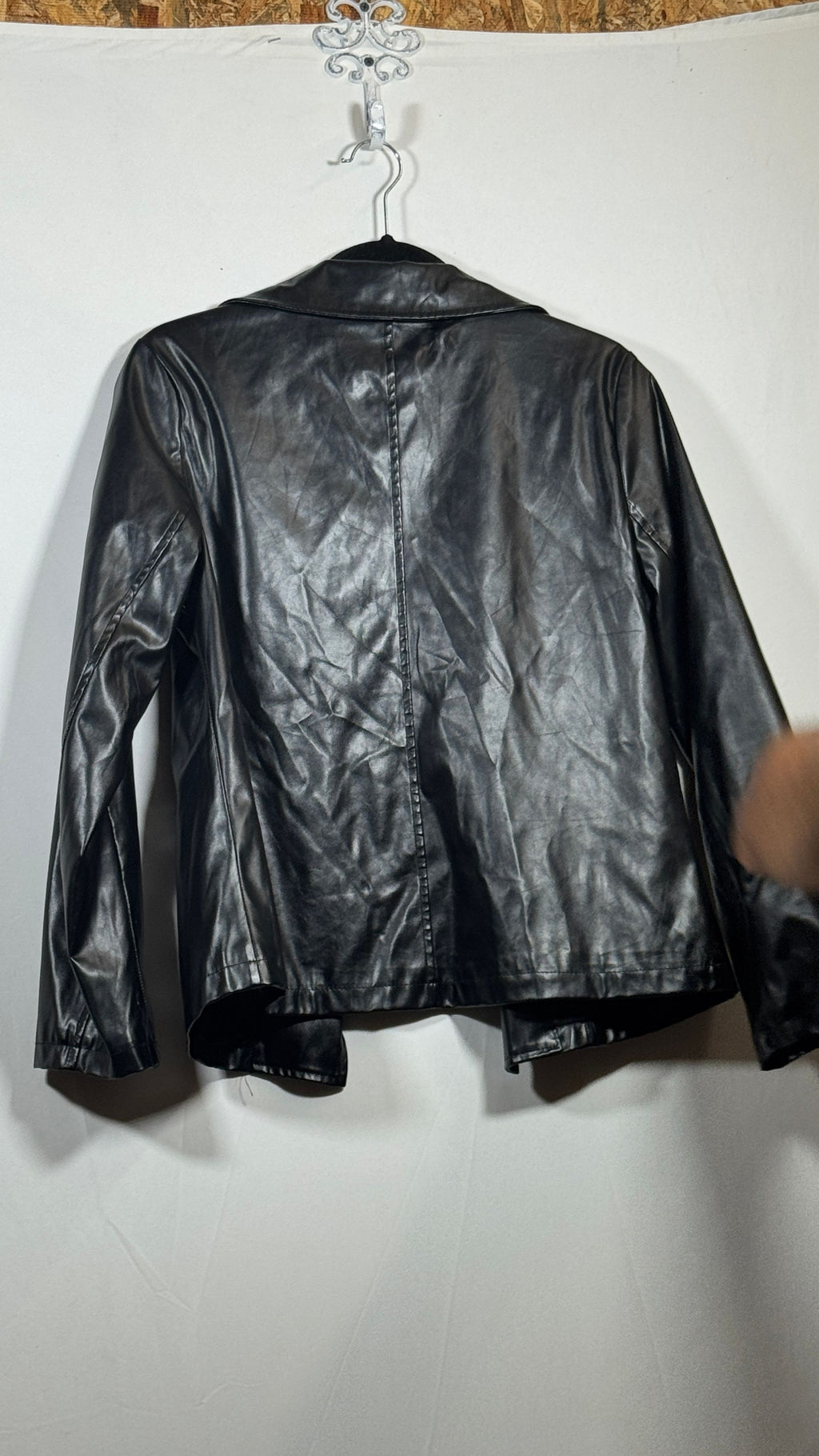 SHEIN Black Faux Leather Jacket Size M Open Front Lapel Collar - Image 3