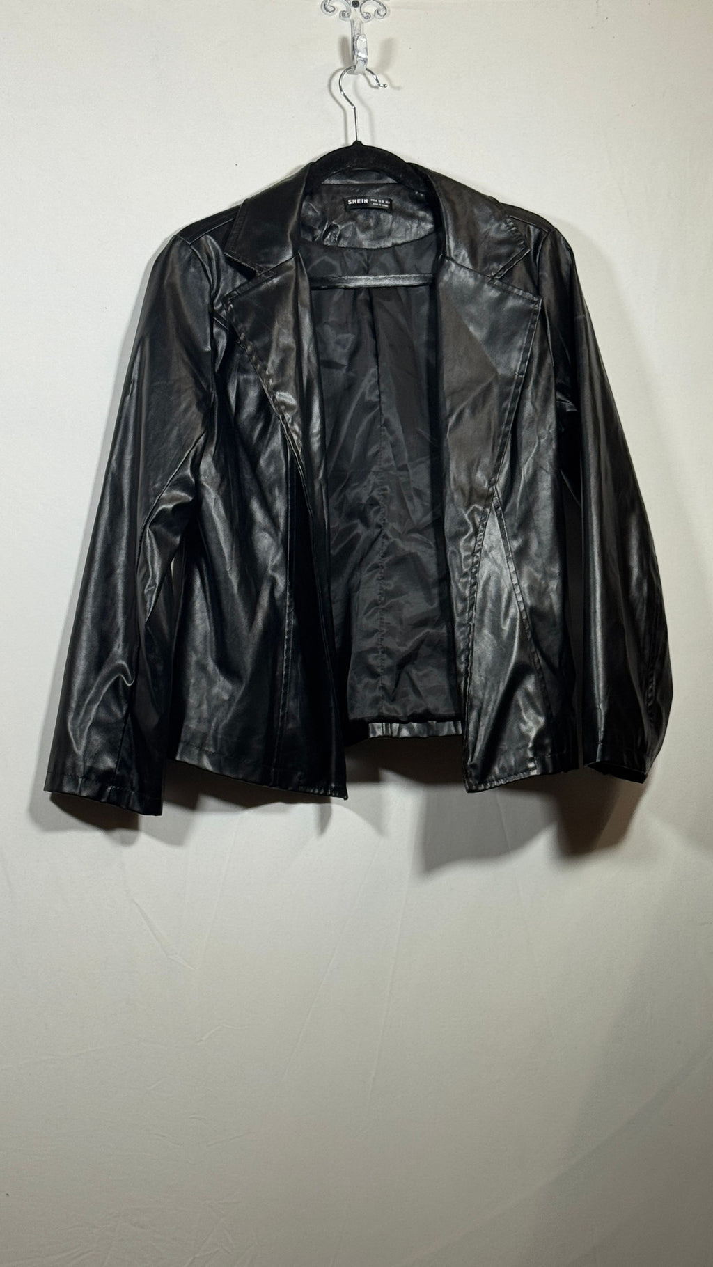 SHEIN Black Faux Leather Jacket Size M Open Front Lapel Collar - Image 2