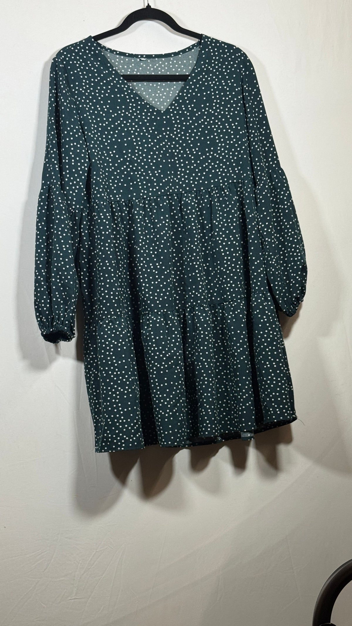 Large Dark Green Polka Dot Tiered Dress Long Sleeve V Neck - Image 2