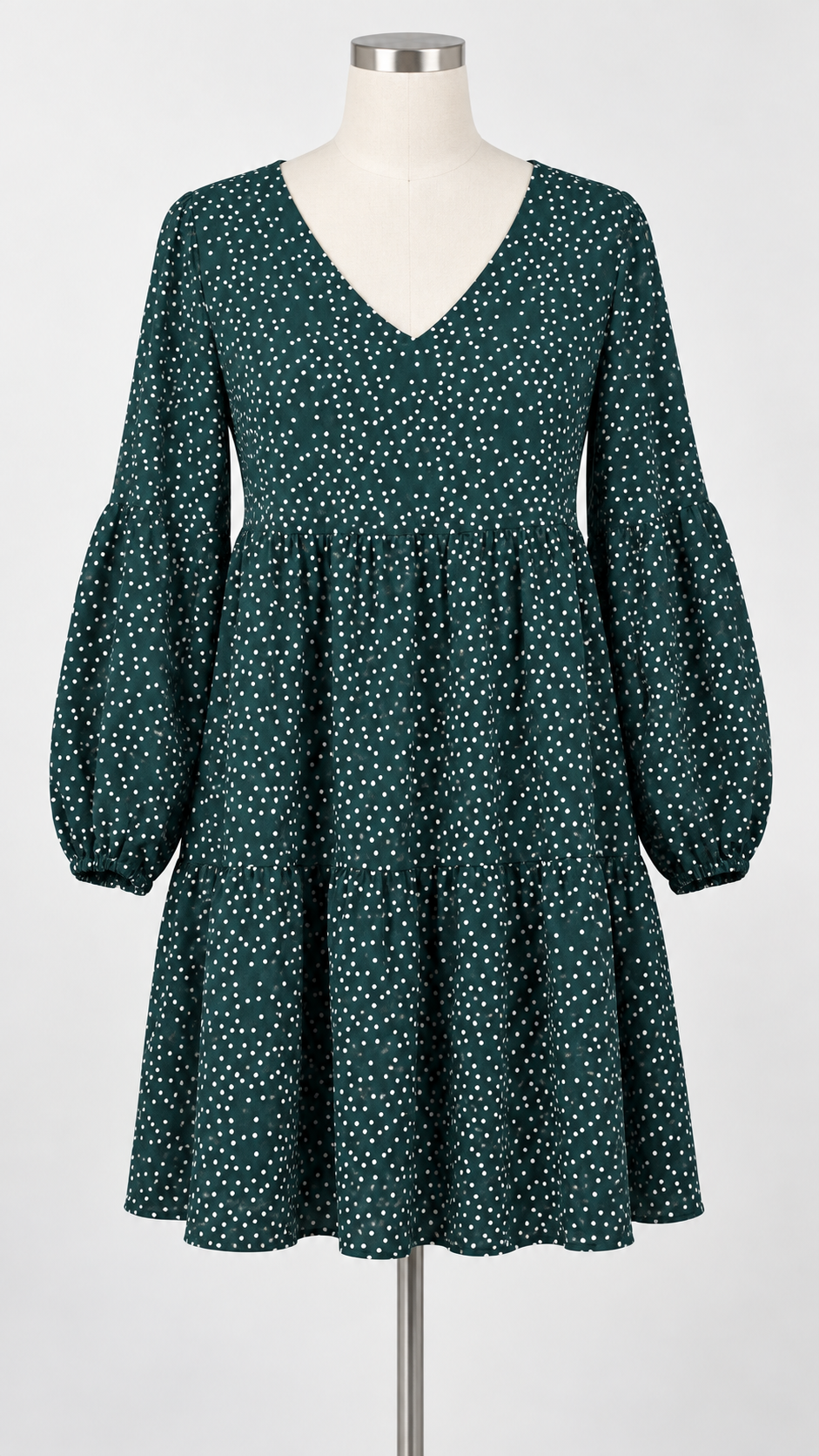 Large Dark Green Polka Dot Tiered Dress Long Sleeve V Neck - Image 1