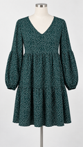 Large Dark Green Polka Dot Tiered Dress Long Sleeve V Neck - Image 1