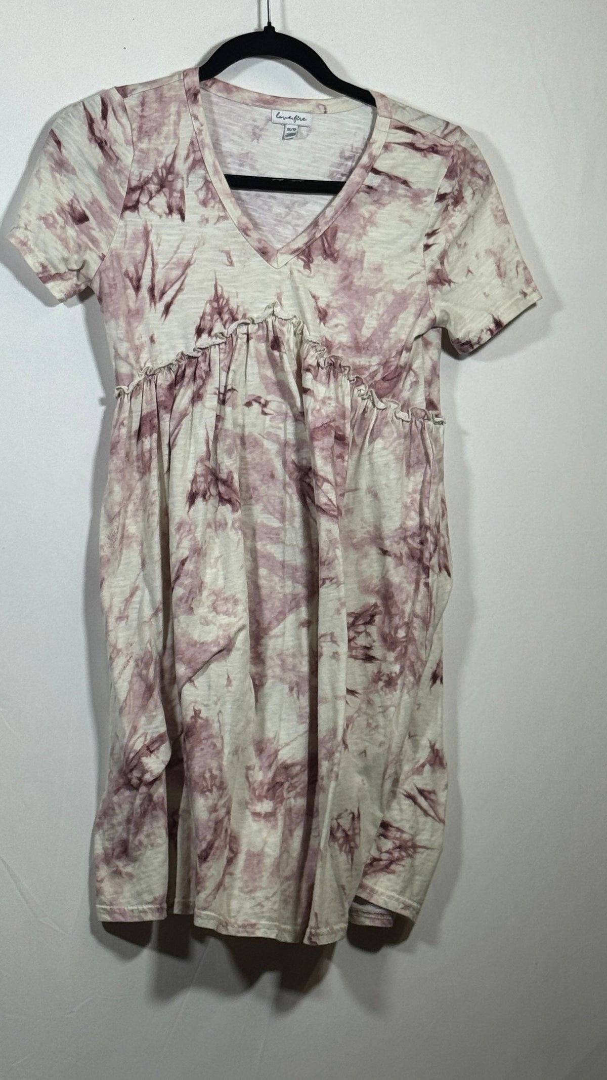 love fire XS pink tie dye dress short sleeve V-neck gathered waist - Image 2