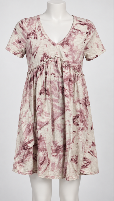 love fire XS pink tie dye dress short sleeve V-neck gathered waist - Image 1