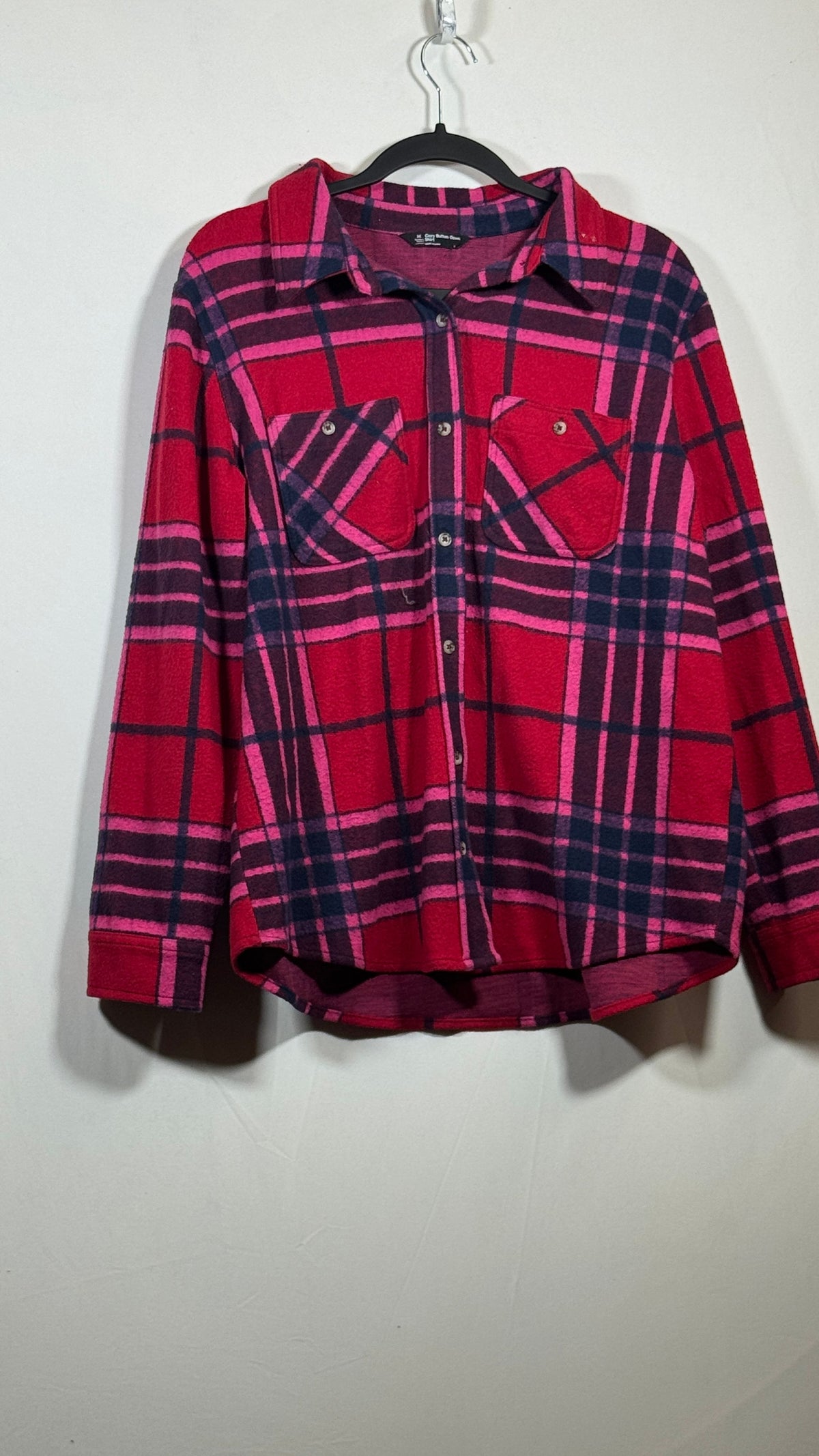 Cozy Button-Down Shirt Large Red Pink Navy Plaid Long Sleeve Casual Shirt - Image 1