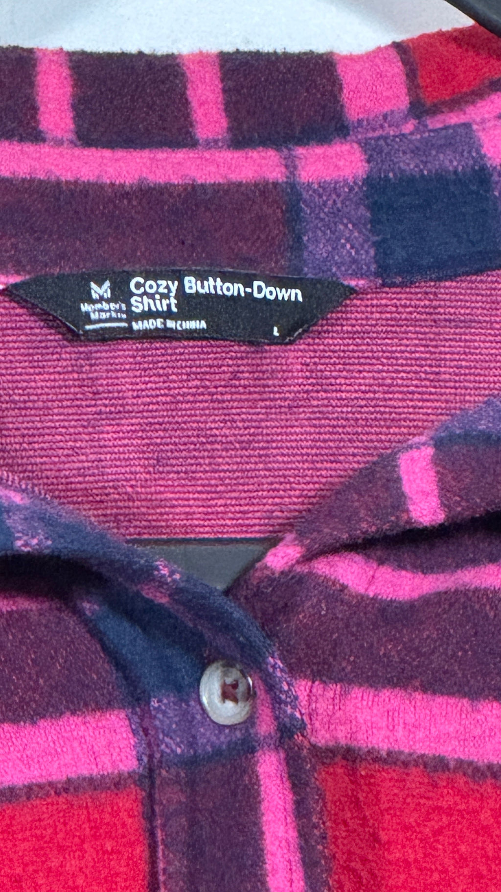 Cozy Button-Down Shirt Large Red Pink Navy Plaid Long Sleeve Casual Shirt - Image 3