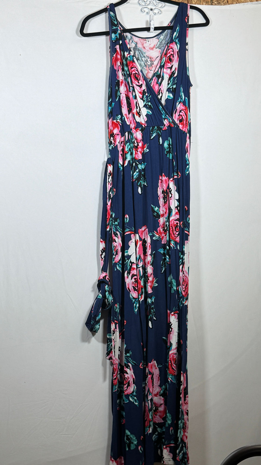 Medium Navy Blue Floral Maxi Dress Sleeveless V-Neck Wrap Style - Image 2