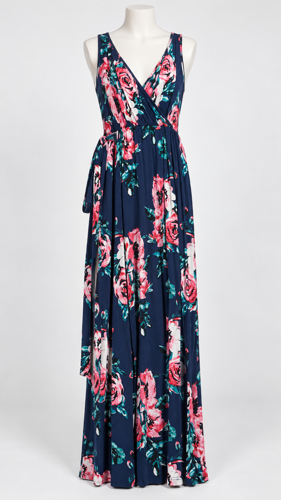 Medium Navy Blue Floral Maxi Dress Sleeveless V-Neck Wrap Style - Image 1