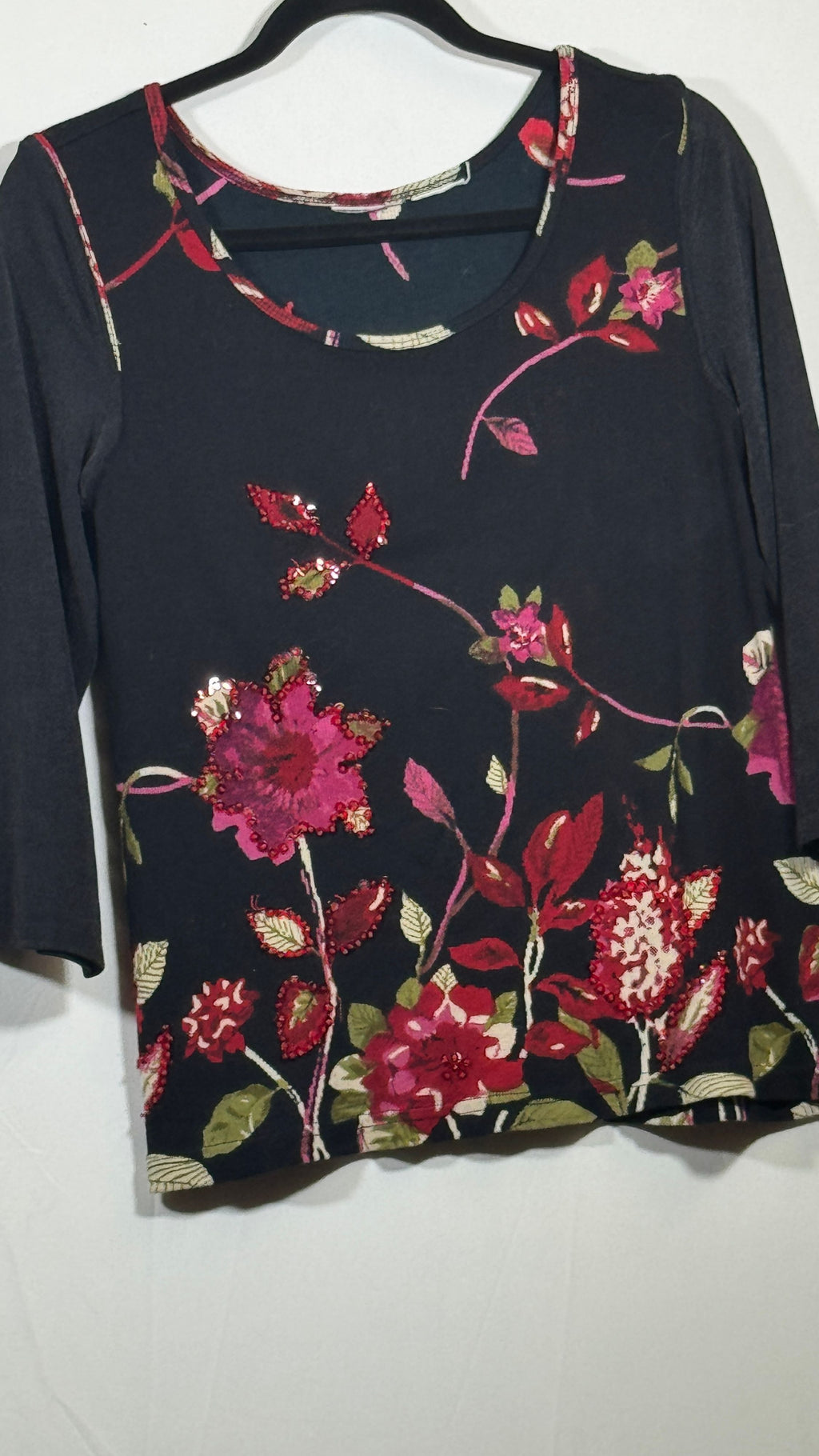 Black Floral Sequin Embellished 3/4 Sleeve Top XL Polyester Spandex - Image 2