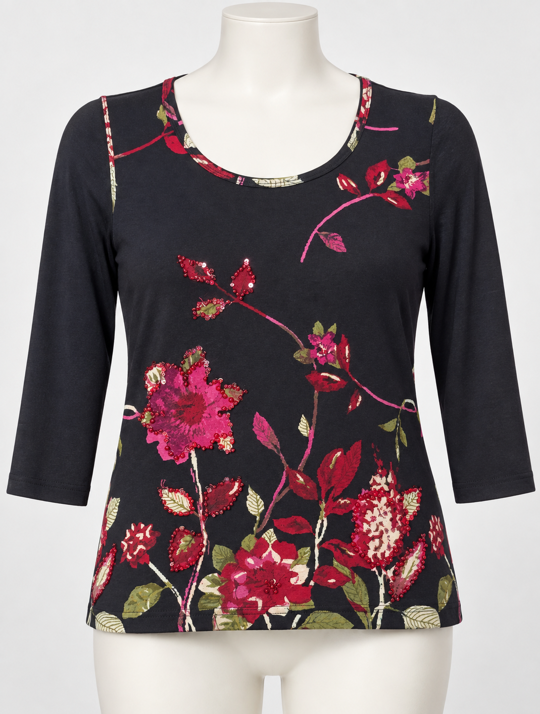 Black Floral Sequin Embellished 3/4 Sleeve Top XL Polyester Spandex - Image 1