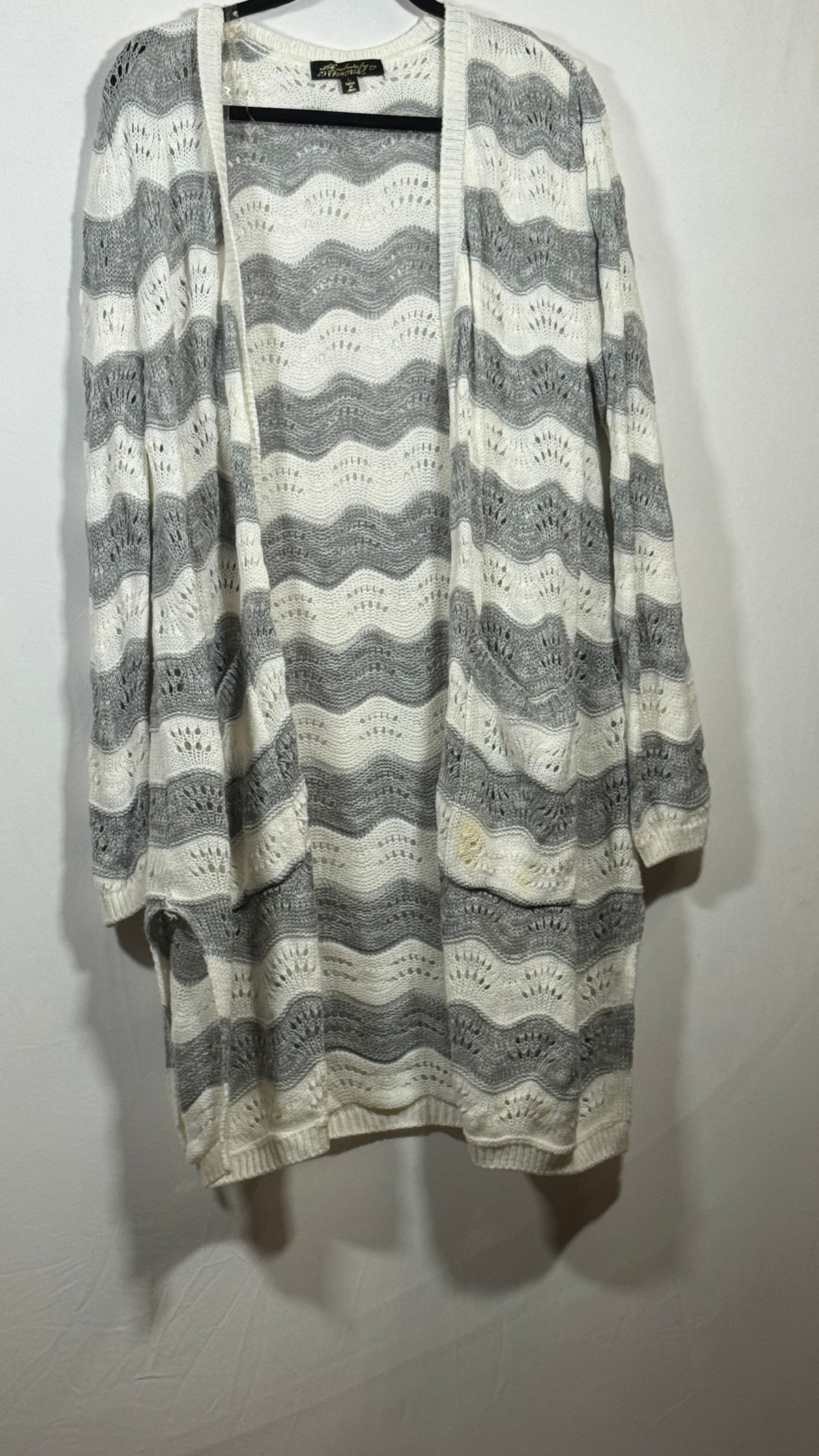 Lucky Brand Gray White Striped Open Front Cardigan Sweater Size L - Image 2