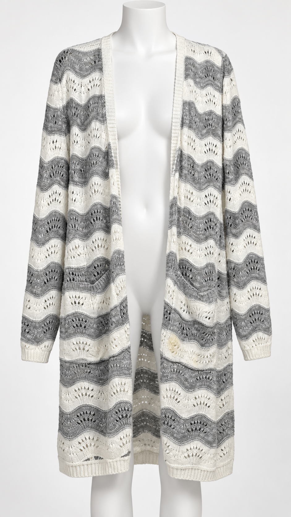 Lucky Brand Gray White Striped Open Front Cardigan Sweater Size L - Image 1