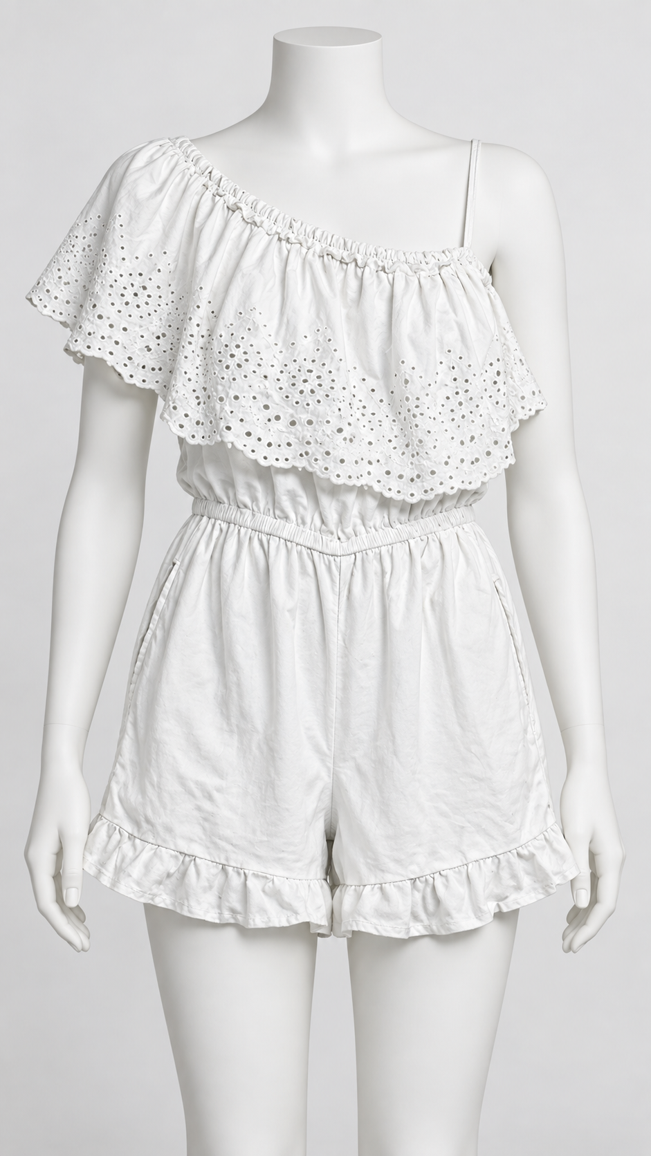 rue21 XS White Cotton Romper with Eyelet Lace Ruffle Detail - Image 1