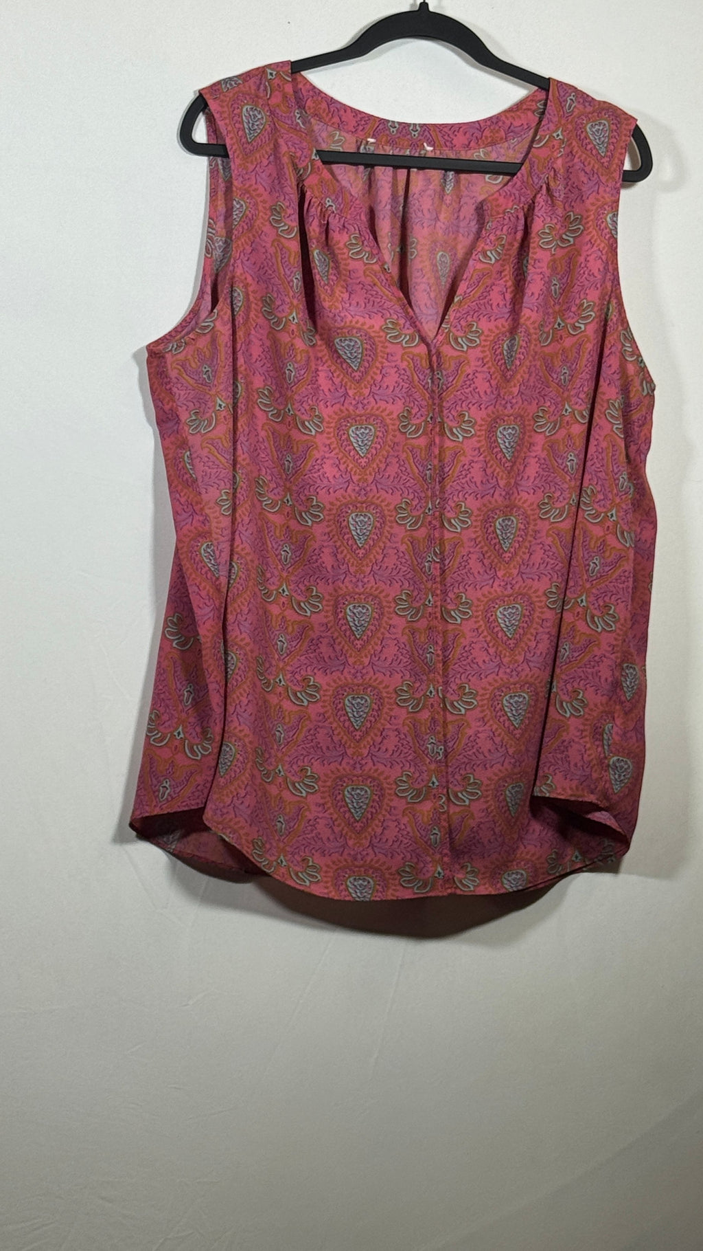 Sleeveless Blouse XL Pink Rayon Paisley Pattern Button Front - Image 1