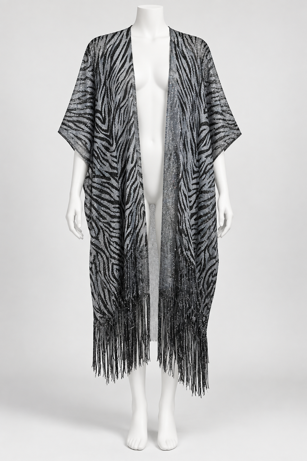 Kendall James Zebra Print Kimono Silver Shimmer Polyester Fringe Hem - Image 1