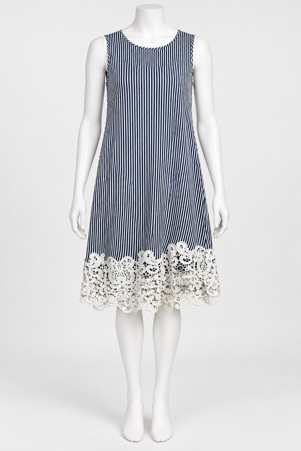 cha cha vente sleeveless navy striped dress with white lace trim - Image 1