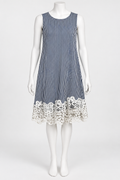 cha cha vente sleeveless navy striped dress with white lace trim - Image 1