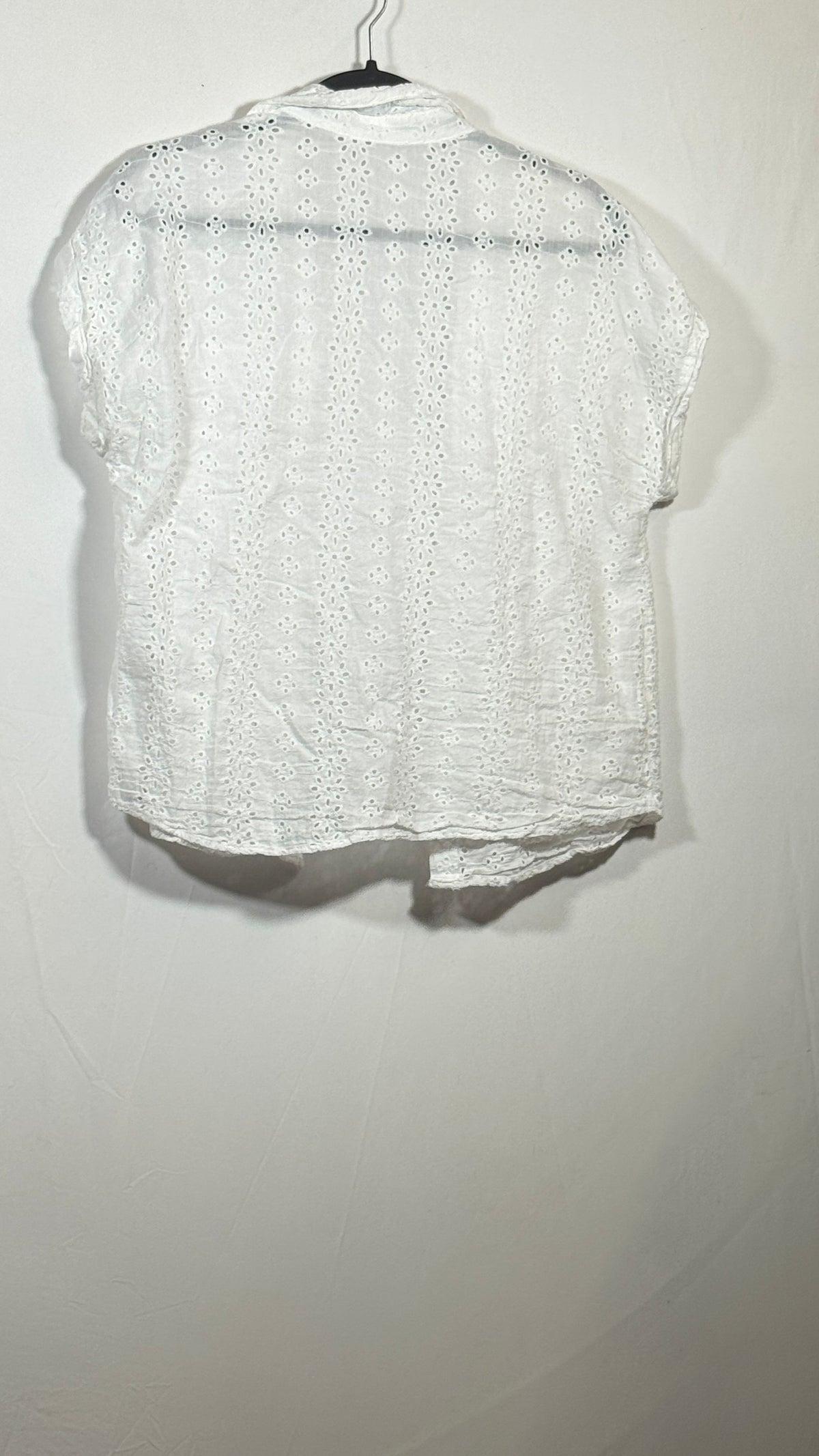 White Eyelet Blouse Medium Short Sleeve Floral Cutout Shirt - Image 3