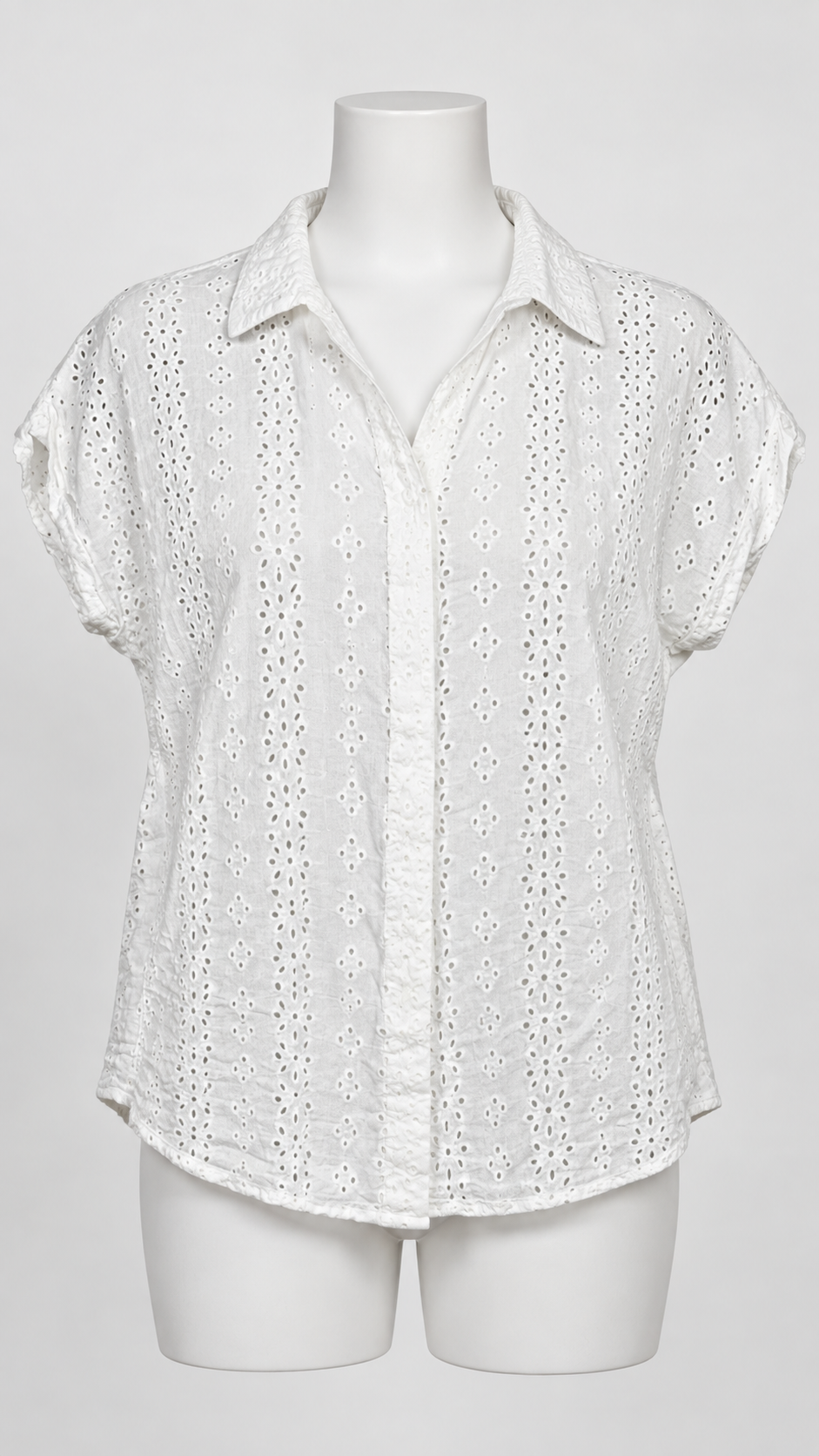 White Eyelet Blouse Medium Short Sleeve Floral Cutout Shirt - Image 1