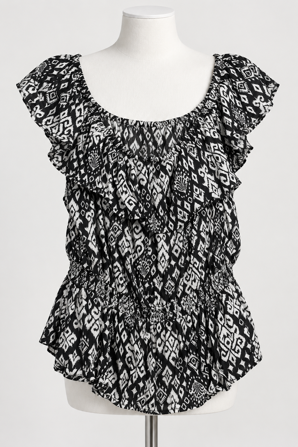 Old Navy XXL Black and White Abstract Pattern Blouse Ruffle Detail - Image 1
