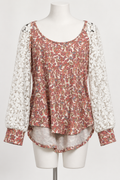 Sunne Betro 1X Long Sleeve Blouse Paisley Print White Lace Sleeves - Image 1