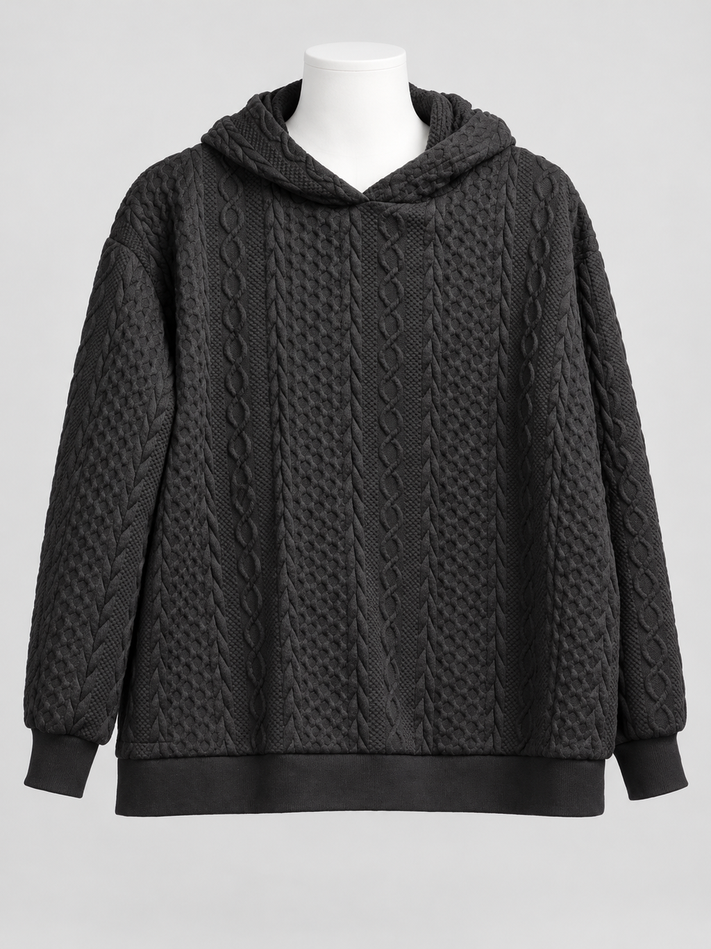 2XL Black Cable Knit Textured Oversized Pullover Hoodie Ribbed - Image 1