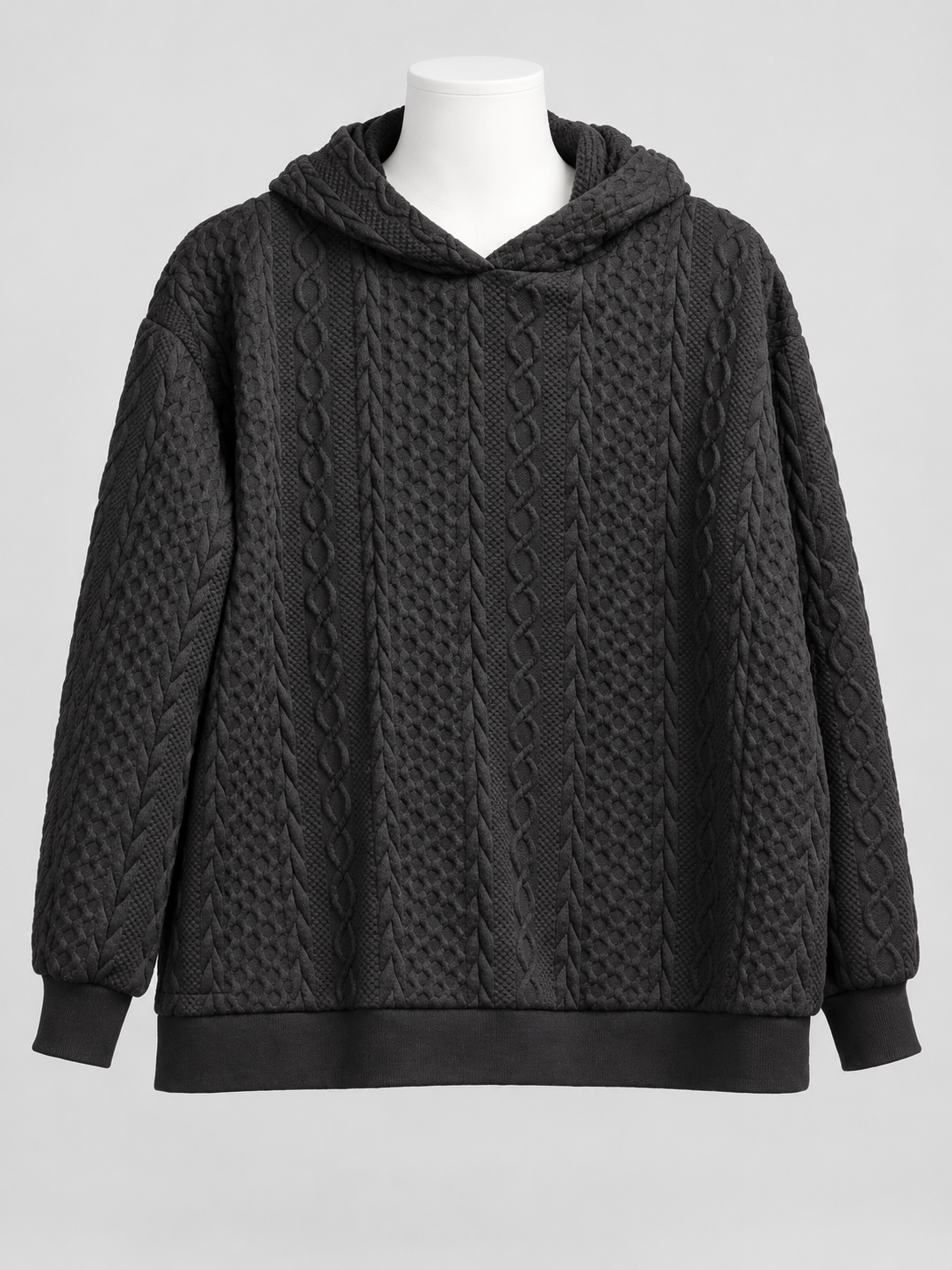 2XL Black Cable Knit Textured Oversized Pullover Hoodie Ribbed - Image 1